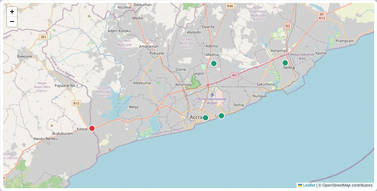 Network map of Greater Accra with green online routers in Osu, Labadi, Madina and Tema and one offline router in Kasoa