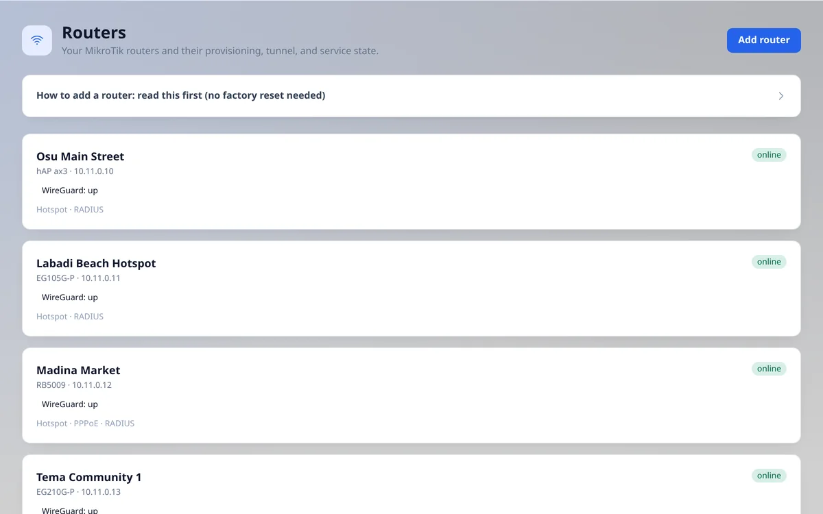 Routers page with four online routers in Accra and Tema
